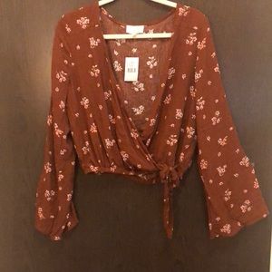 Bell Sleeve Floral Surplice Crop Top